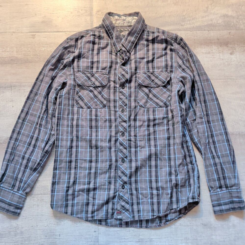 Vans Off The Wall Men's Gray Blue Plaid Long Sleeve Button Down Shirt Size M